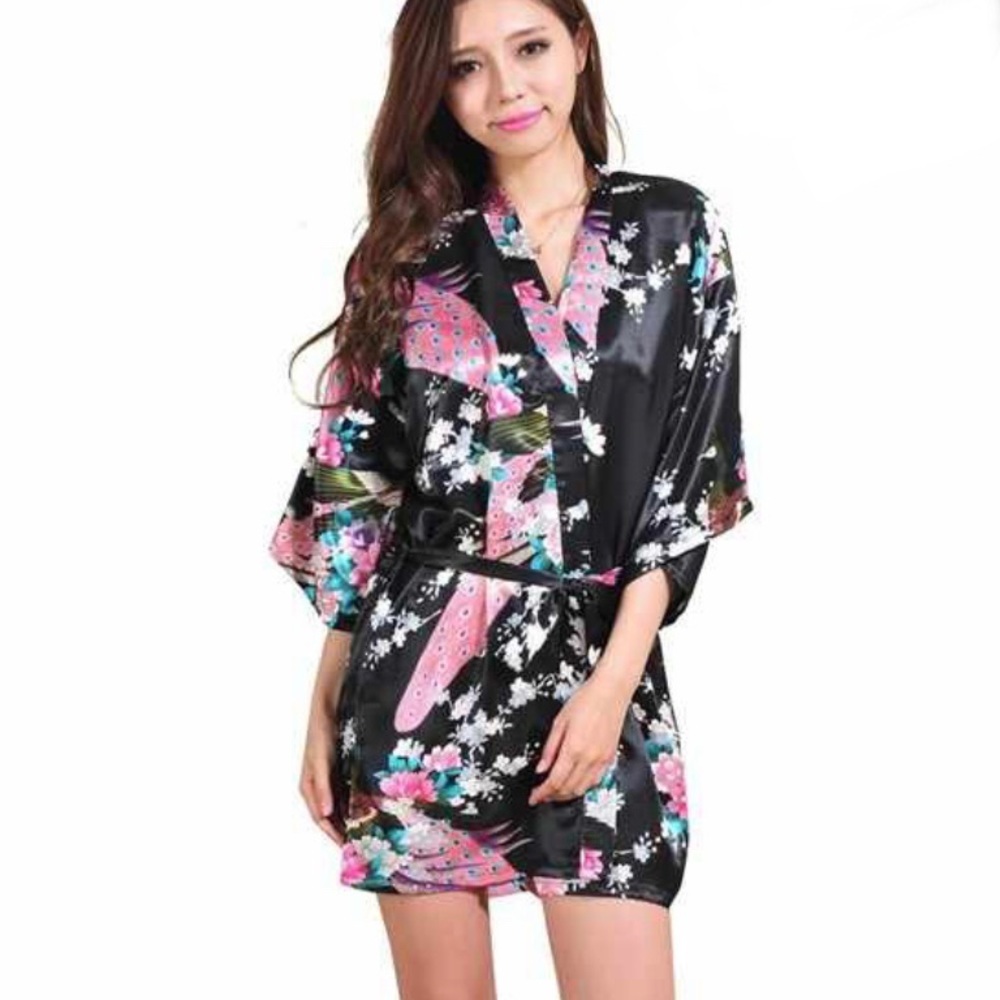 Vintage Sam Well Satin Peacock Kimono Robe Black